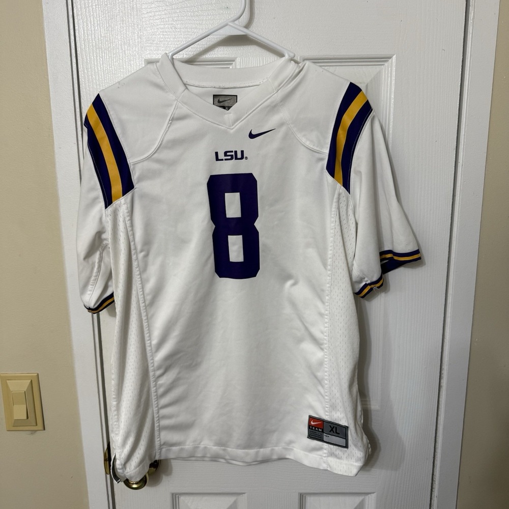 LSU Tigers NCAA Nike Team White Purple Football Jersey #8 Youth Teens Size XL